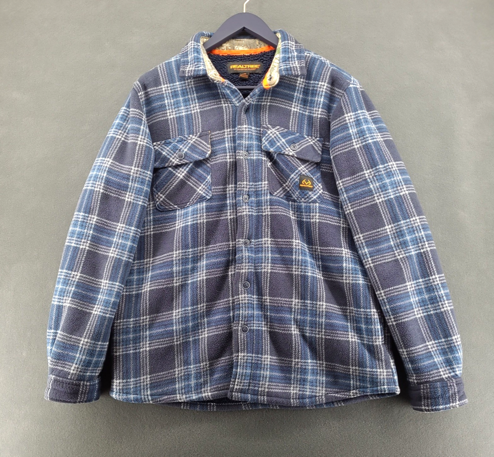 Realtree Mens Large Fleece Shirt Jacket Blue Plaid Sherpa Lined Shacket Flannel